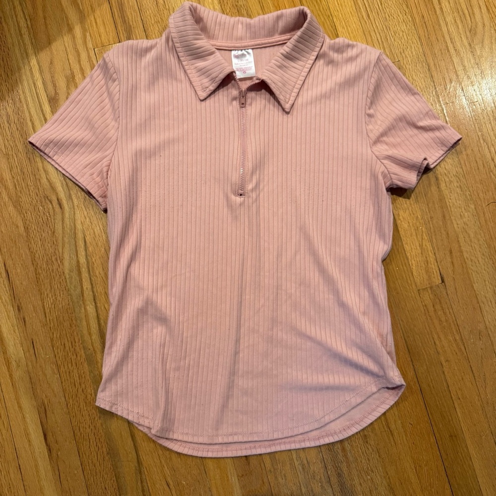 Pink Ribbed Polo Collar Top